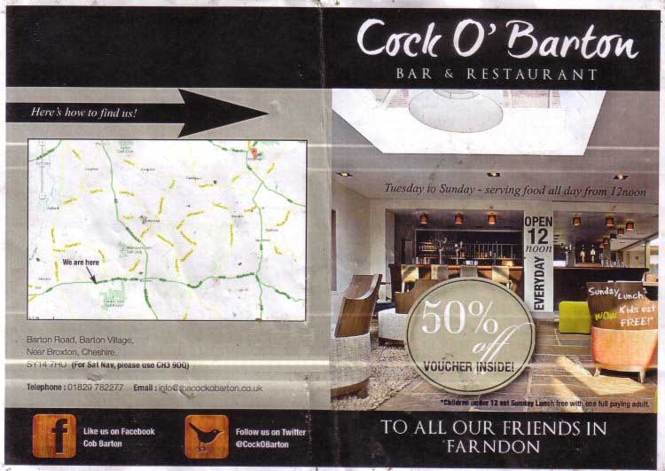 Cock O Barton Bar and Restaurant Flyer Page 1